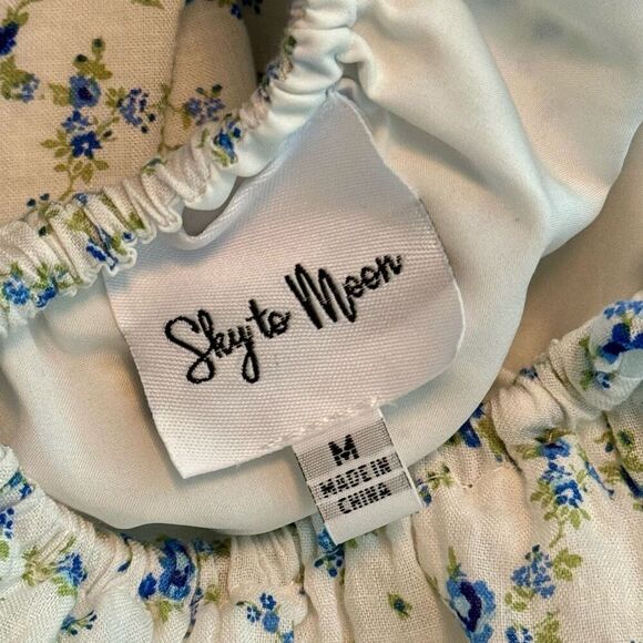 Sky to The Moon Blue & Ivory Floral Print Puff Sleeve Cutout Mini Dress Medium - Picture 5 of 8